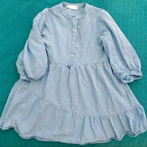 Zara Girls Blue White Striped Shirtdress Puff Sleeves